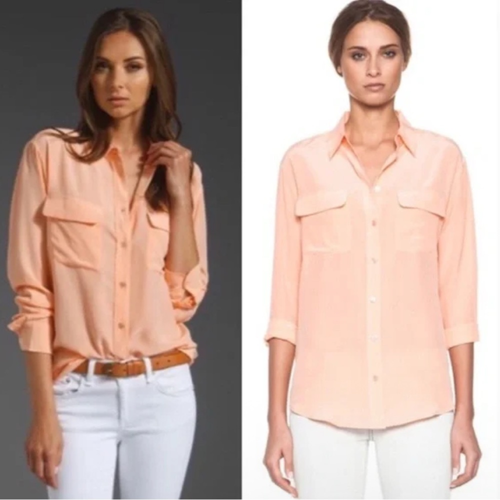J.CREW 100% Silk Button Down Shirt Peach Orange Casual Career Wear Size 6